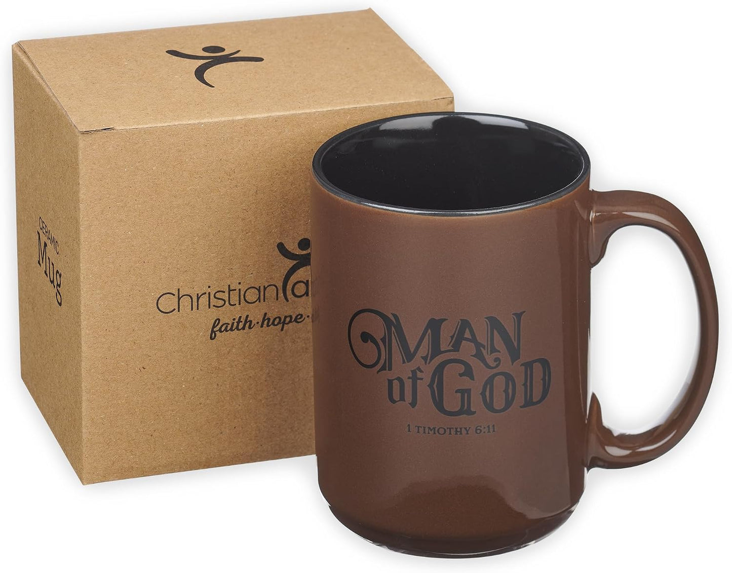 Brown Ceramic Coffee Mug – 14 Oz. Microwave and Dishwasher-Safe Inspirational Scripture Coffee and Tea Mug for Men, Dads, and Pastors with Bible Verse: Man of God – 1 Timothy 6:11