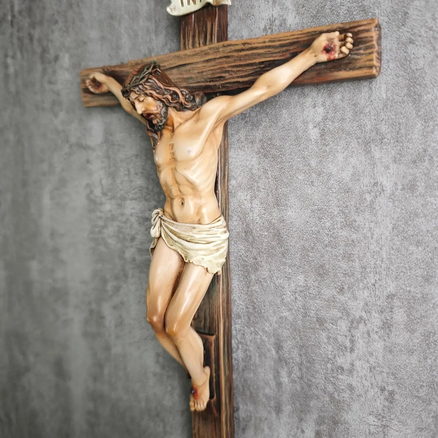 Jesus Christ Inspirational Wall Cross — Traditional Design — Natural Wood Grain Texture — Resin & Stone Wall-Mounted Cross