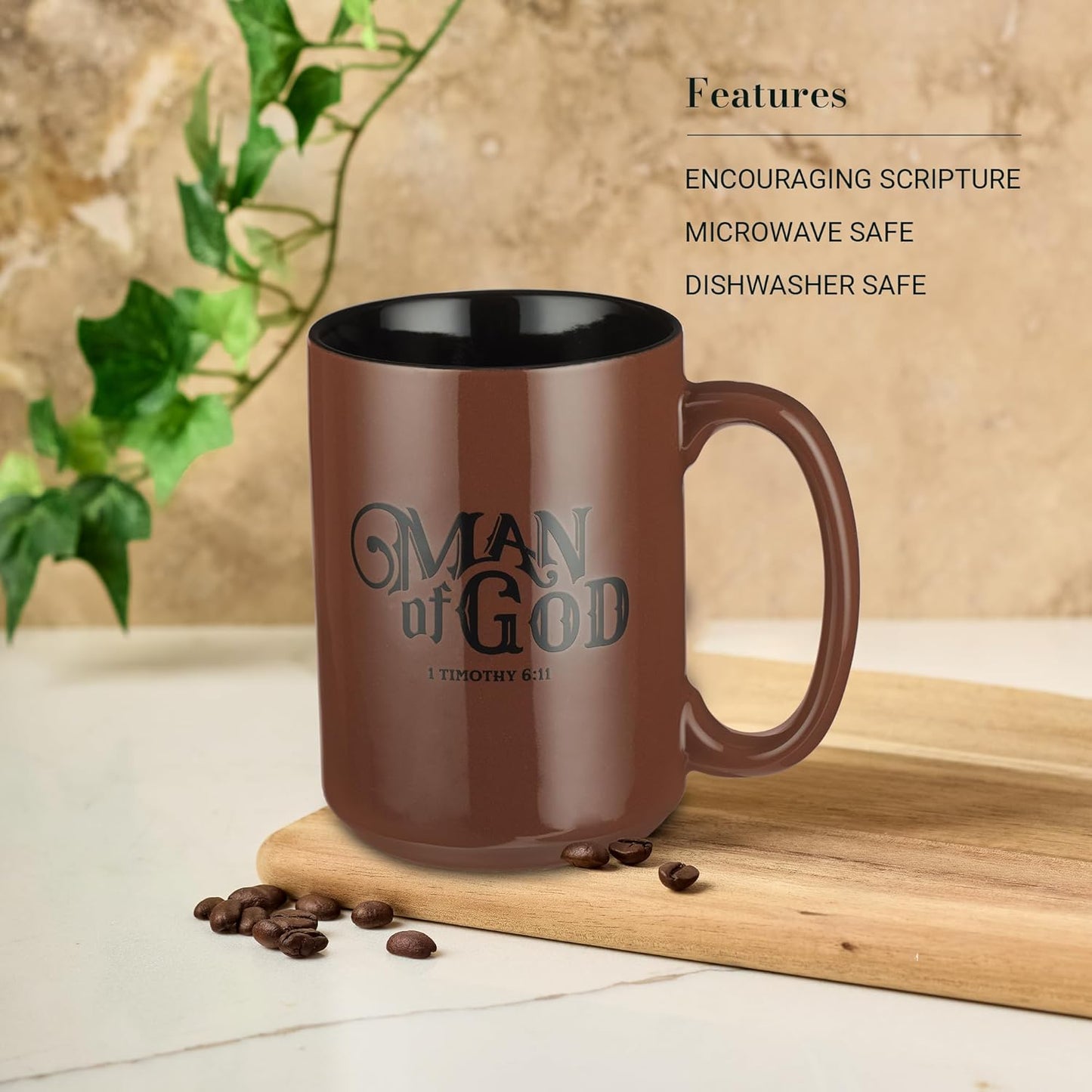 Brown Ceramic Coffee Mug – 14 Oz. Microwave and Dishwasher-Safe Inspirational Scripture Coffee and Tea Mug for Men, Dads, and Pastors with Bible Verse: Man of God – 1 Timothy 6:11