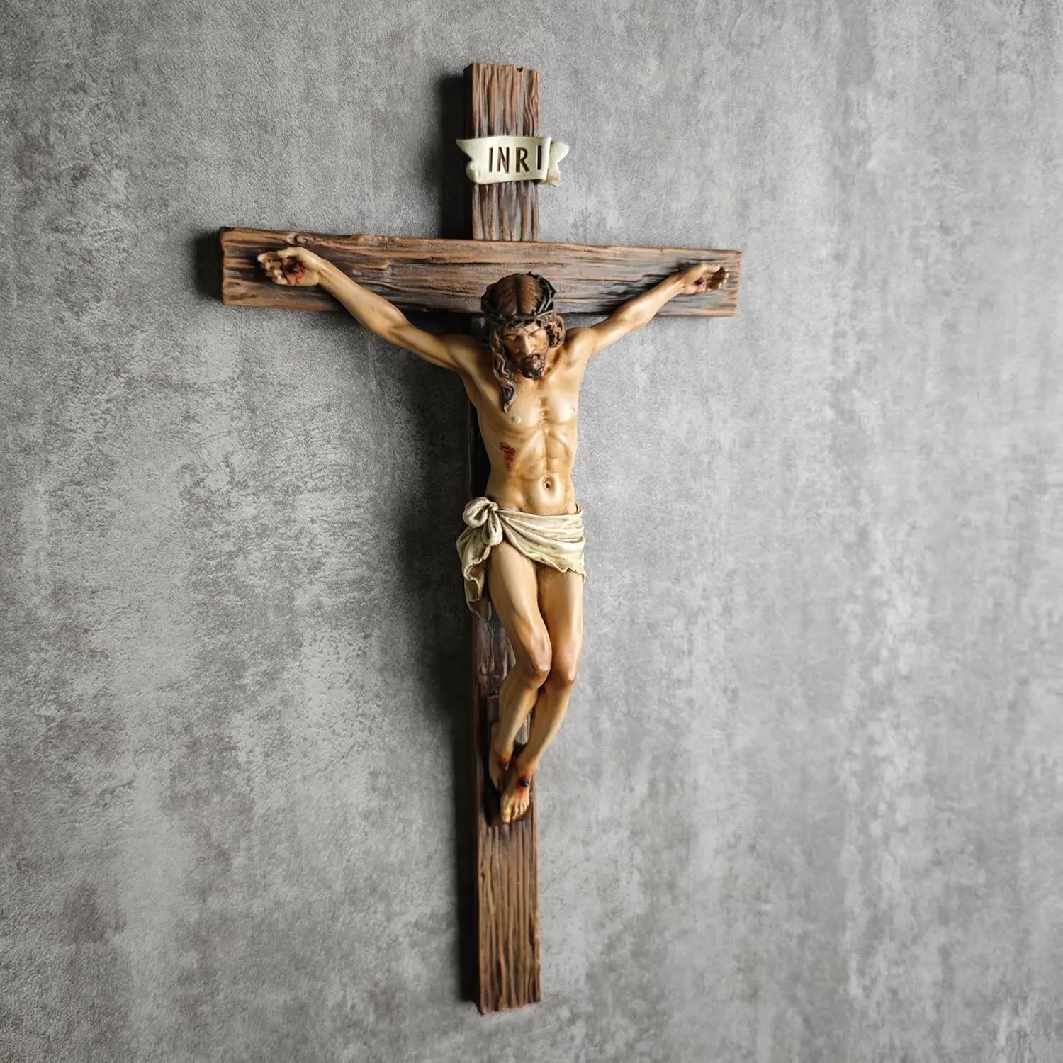 Jesus Christ Inspirational Wall Cross — Traditional Design — Natural Wood Grain Texture — Resin & Stone Wall-Mounted Cross