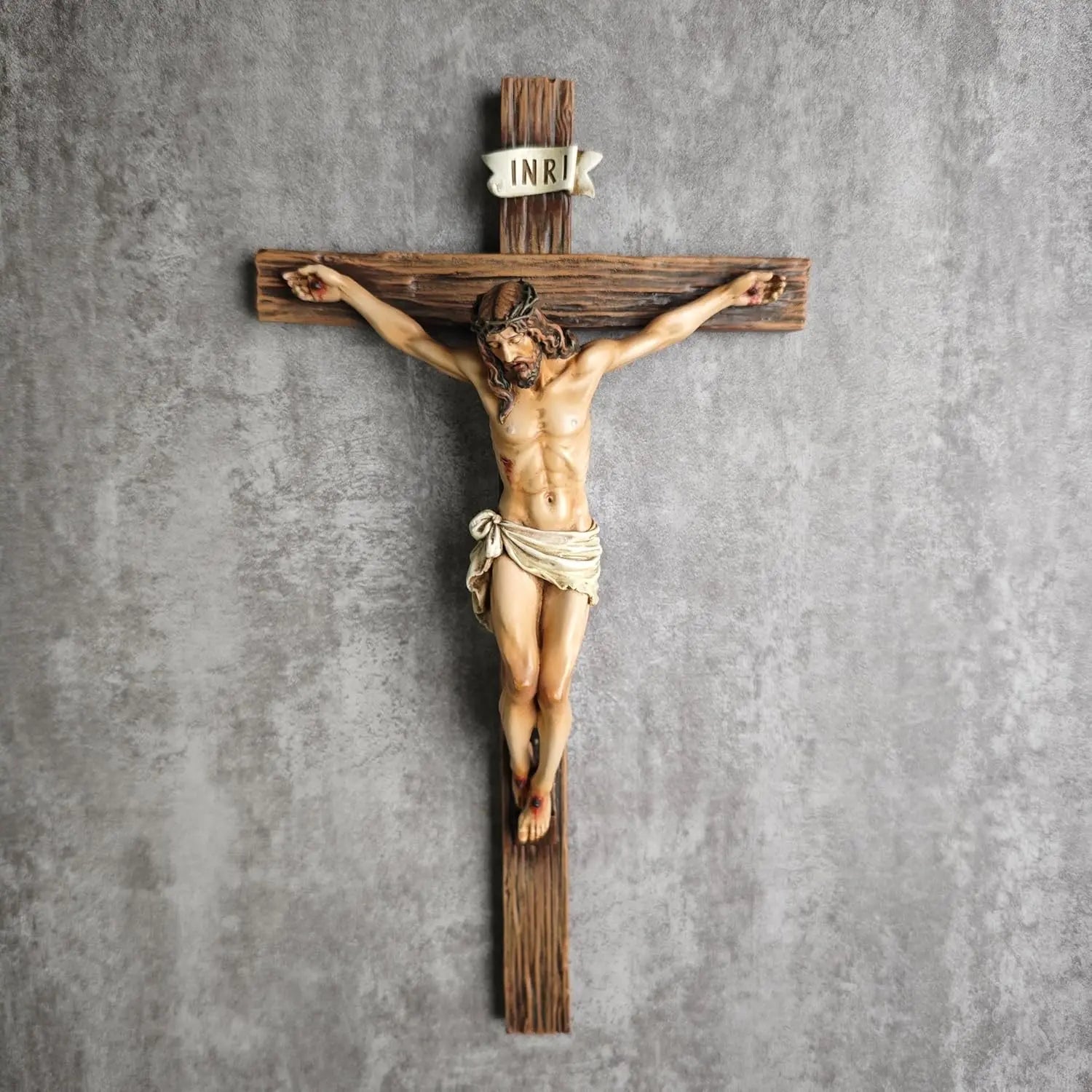 Jesus Christ Inspirational Wall Cross — Traditional Design — Natural Wood Grain Texture — Resin & Stone Wall-Mounted Cross