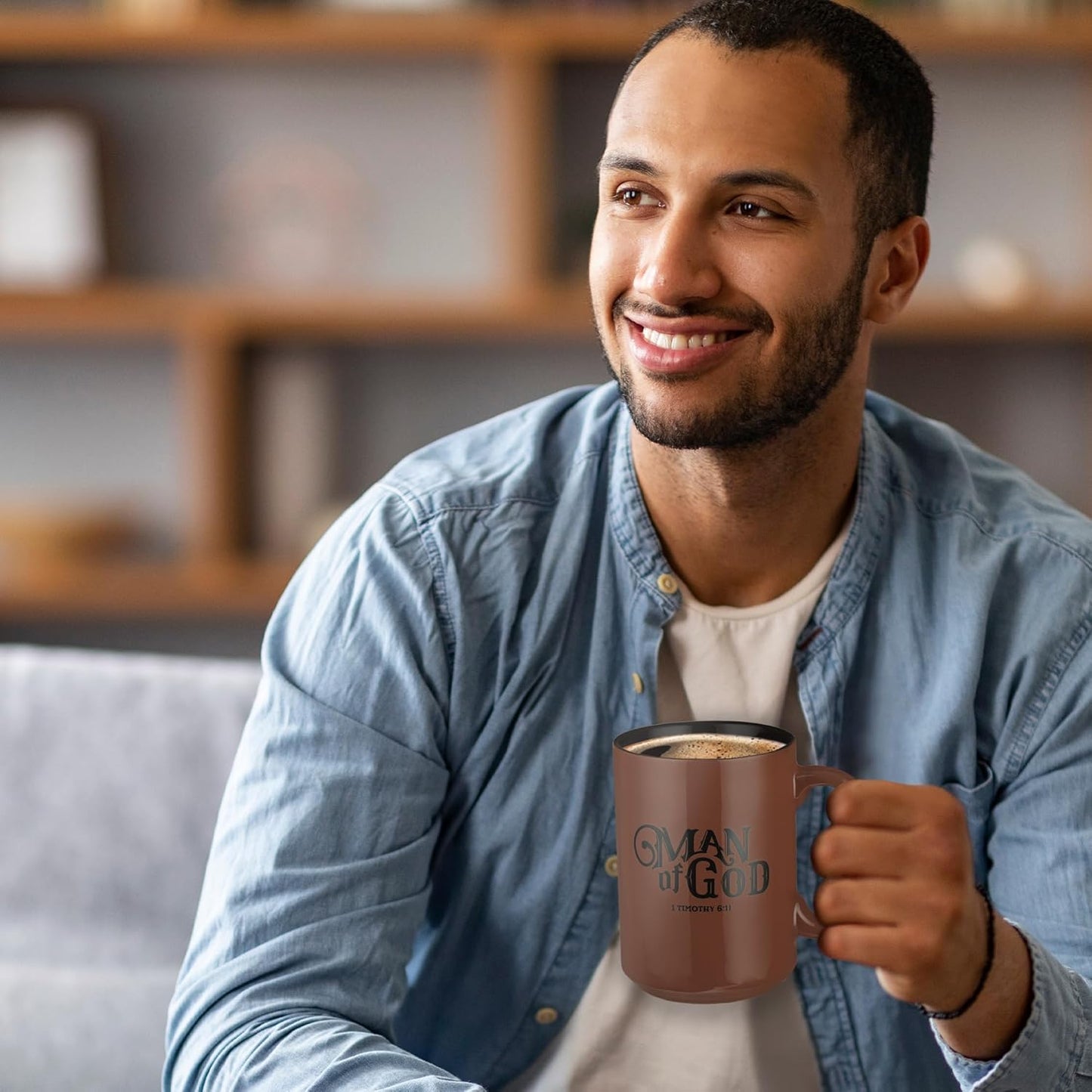 Brown Ceramic Coffee Mug – 14 Oz. Microwave and Dishwasher-Safe Inspirational Scripture Coffee and Tea Mug for Men, Dads, and Pastors with Bible Verse: Man of God – 1 Timothy 6:11