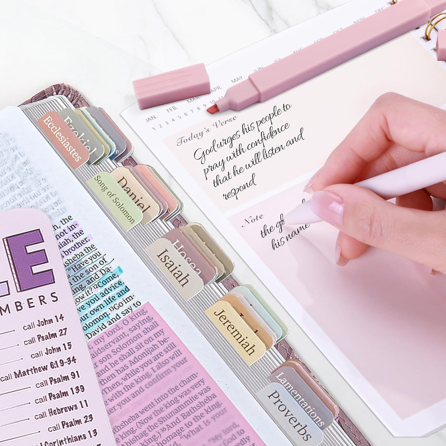 Bible Study Supplies Journaling Kit for Women, Bible Study Kit, 12 Pastel Highlighters and 12 Pens No Bleed, 75 Laminated Tabs, Prayer Journal Pencil Case and More, Pink