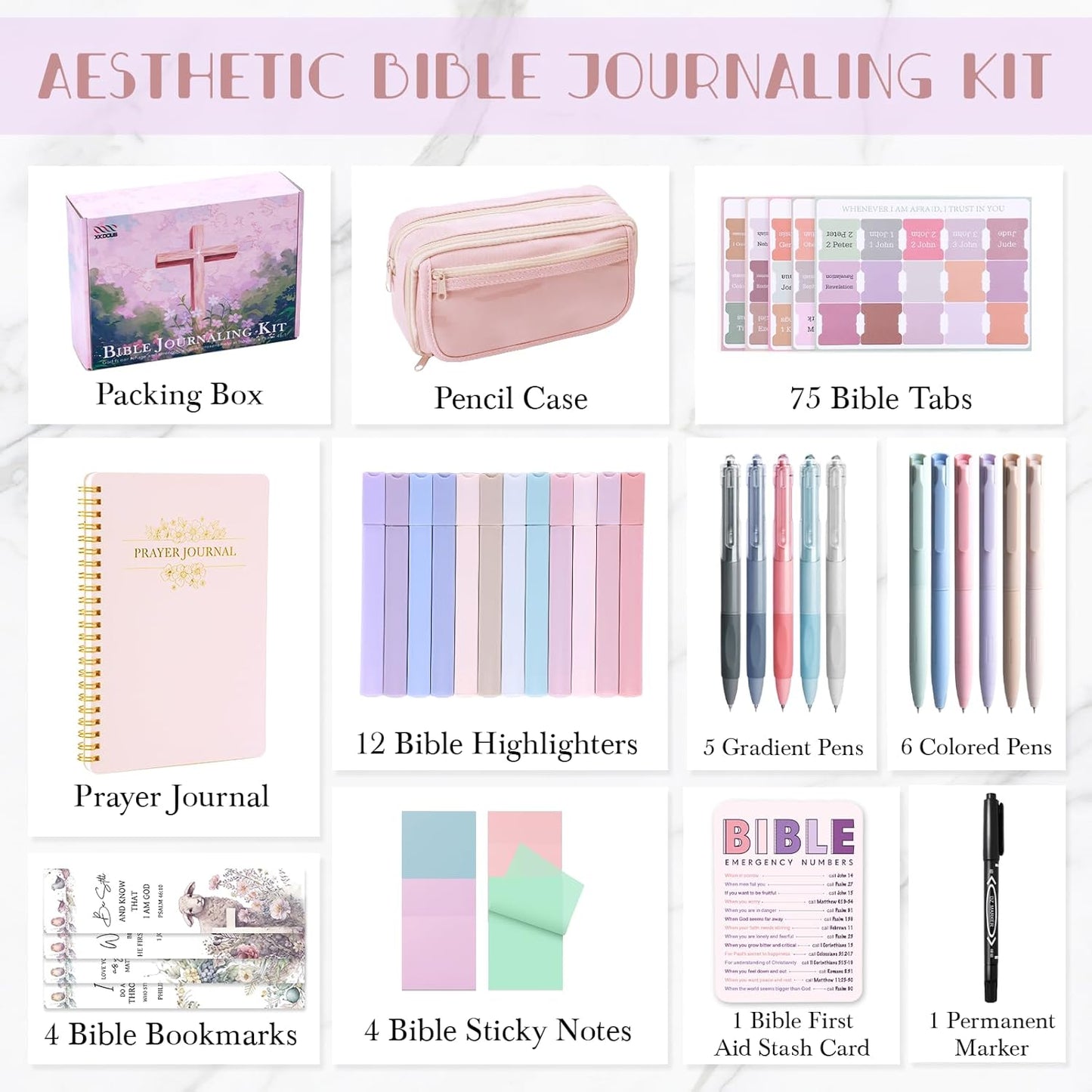 Bible Study Supplies Journaling Kit for Women, Bible Study Kit, 12 Pastel Highlighters and 12 Pens No Bleed, 75 Laminated Tabs, Prayer Journal Pencil Case and More, Pink