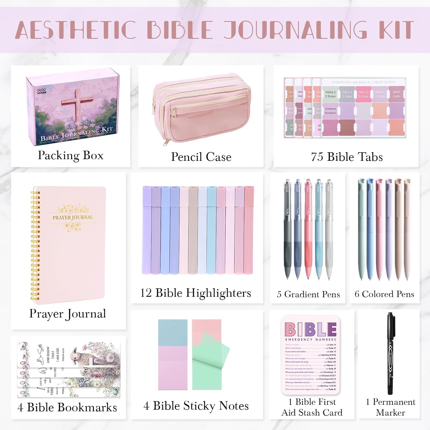 Bible Study Supplies Journaling Kit for Women, Bible Study Kit, 12 Pastel Highlighters and 12 Pens No Bleed, 75 Laminated Tabs, Prayer Journal Pencil Case and More, Pink