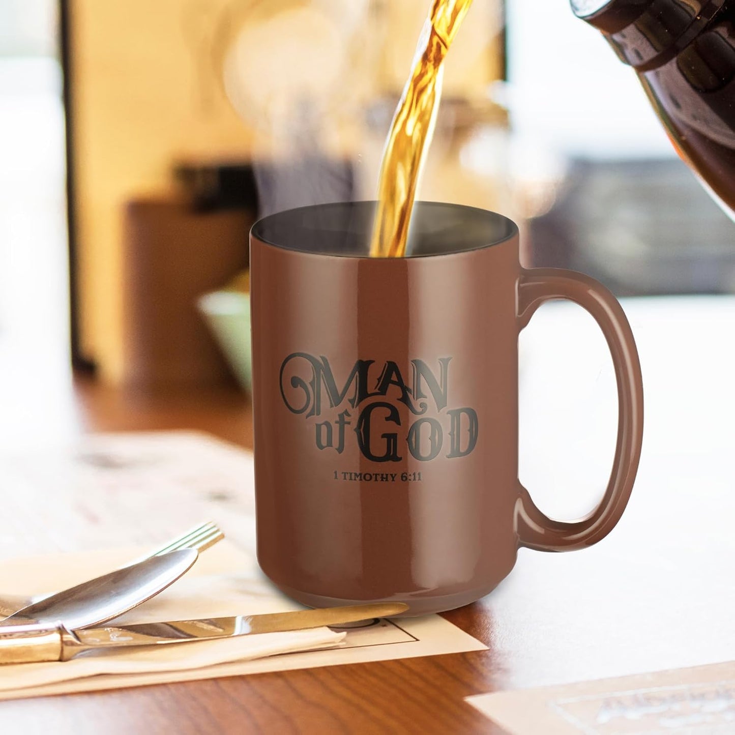 Brown Ceramic Coffee Mug – 14 Oz. Microwave and Dishwasher-Safe Inspirational Scripture Coffee and Tea Mug for Men, Dads, and Pastors with Bible Verse: Man of God – 1 Timothy 6:11