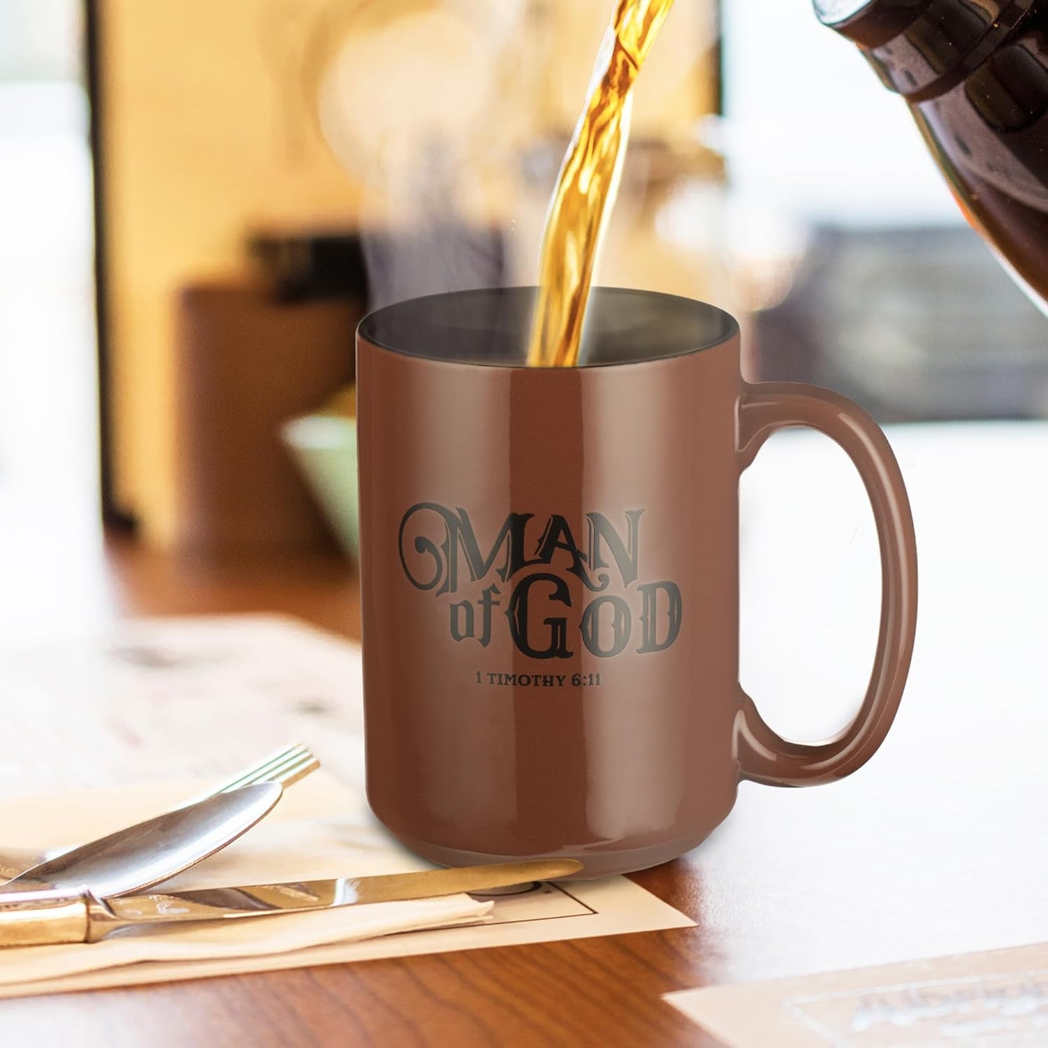 Brown Ceramic Coffee Mug – 14 Oz. Microwave and Dishwasher-Safe Inspirational Scripture Coffee and Tea Mug for Men, Dads, and Pastors with Bible Verse: Man of God – 1 Timothy 6:11