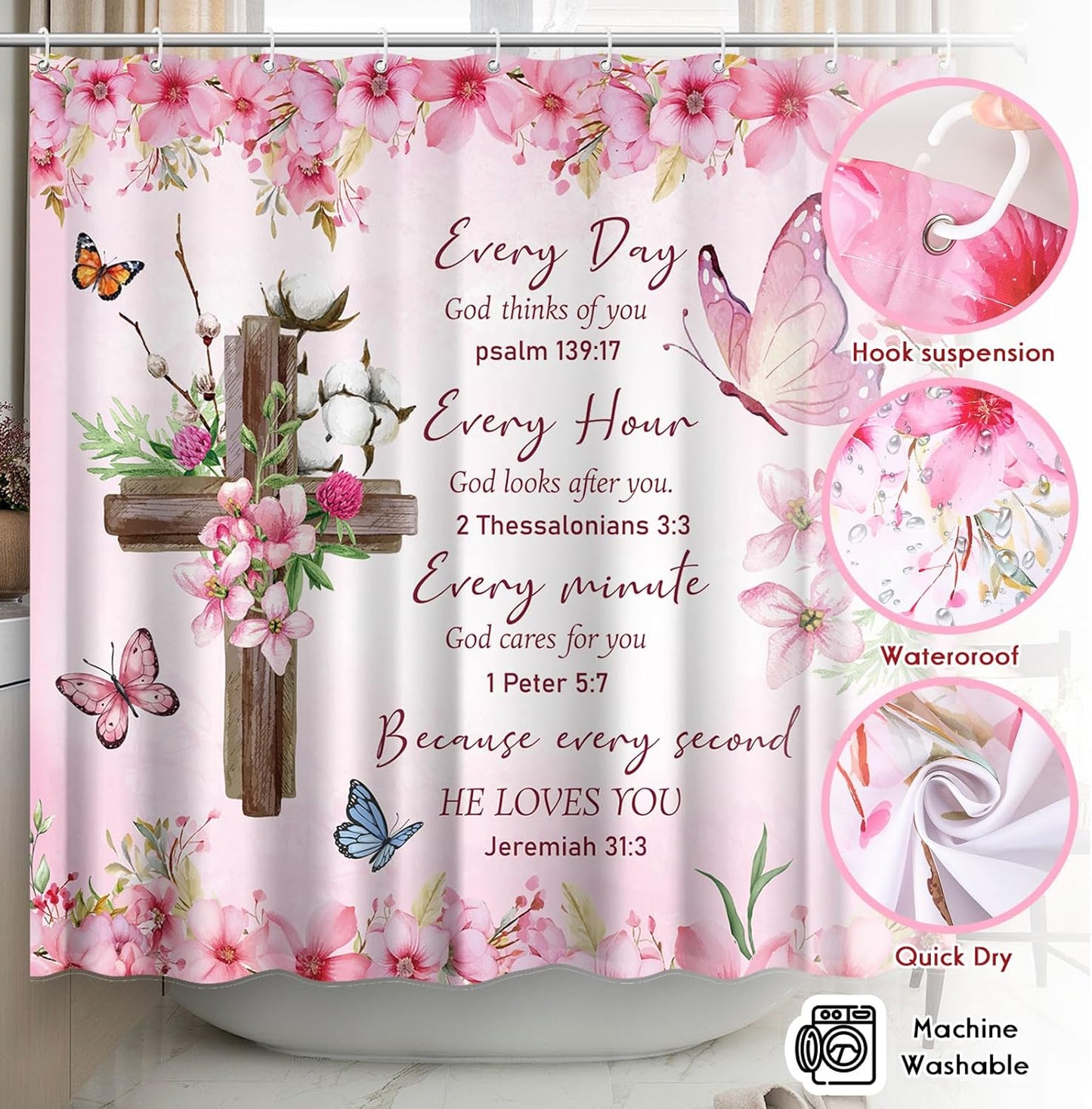 4 Pcs Pink Butterfly Inspirational Quotes Shower Curtain Set with Rugs and Toilet Lid Cover, Christian Cross Bathroom Set Encouraging Bible Verses Floral Bathroom Decor Set Accessories