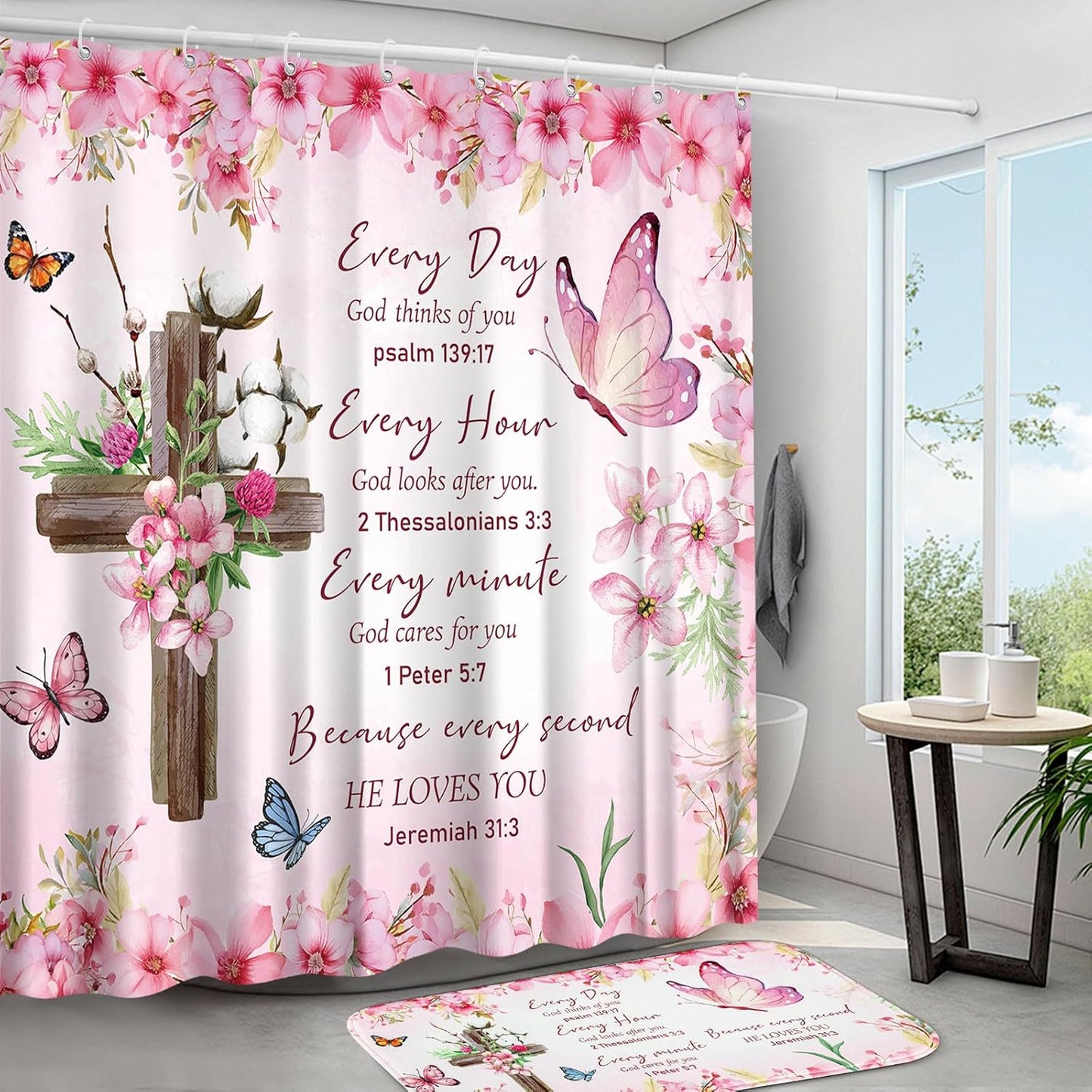 4 Pcs Pink Butterfly Inspirational Quotes Shower Curtain Set with Rugs and Toilet Lid Cover, Christian Cross Bathroom Set Encouraging Bible Verses Floral Bathroom Decor Set Accessories