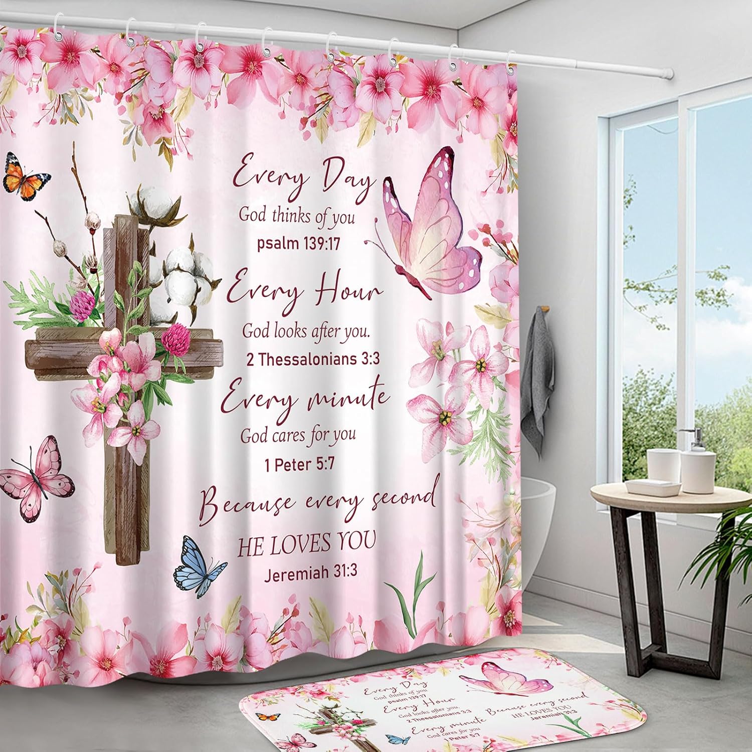 4 Pcs Pink Butterfly Inspirational Quotes Shower Curtain Set with Rugs and Toilet Lid Cover, Christian Cross Bathroom Set Encouraging Bible Verses Floral Bathroom Decor Set Accessories