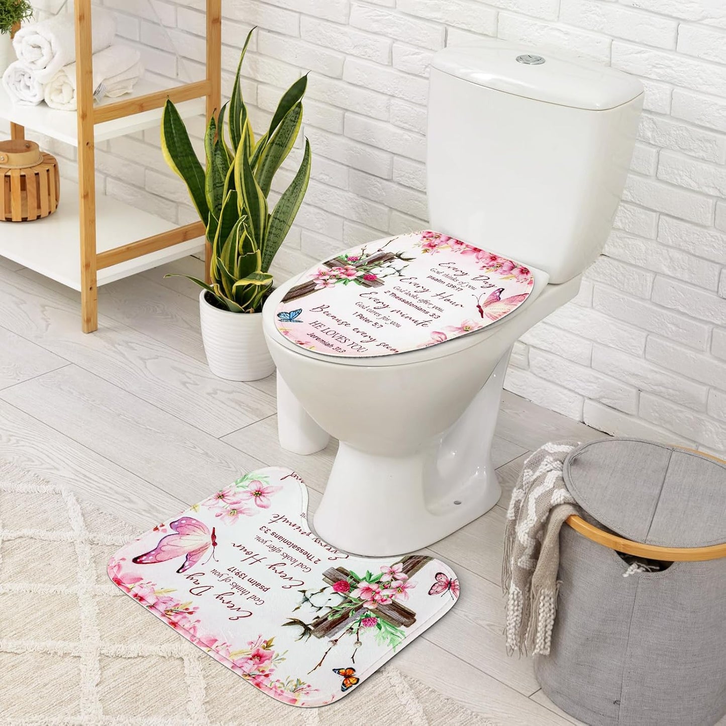 4 Pcs Pink Butterfly Inspirational Quotes Shower Curtain Set with Rugs and Toilet Lid Cover, Christian Cross Bathroom Set Encouraging Bible Verses Floral Bathroom Decor Set Accessories