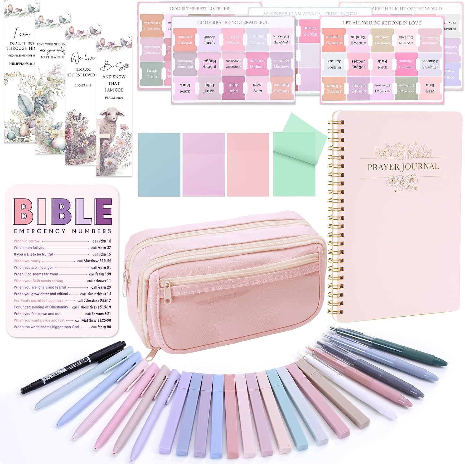 Bible Study Supplies Journaling Kit for Women, Bible Study Kit, 12 Pastel Highlighters and 12 Pens No Bleed, 75 Laminated Tabs, Prayer Journal Pencil Case and More, Pink