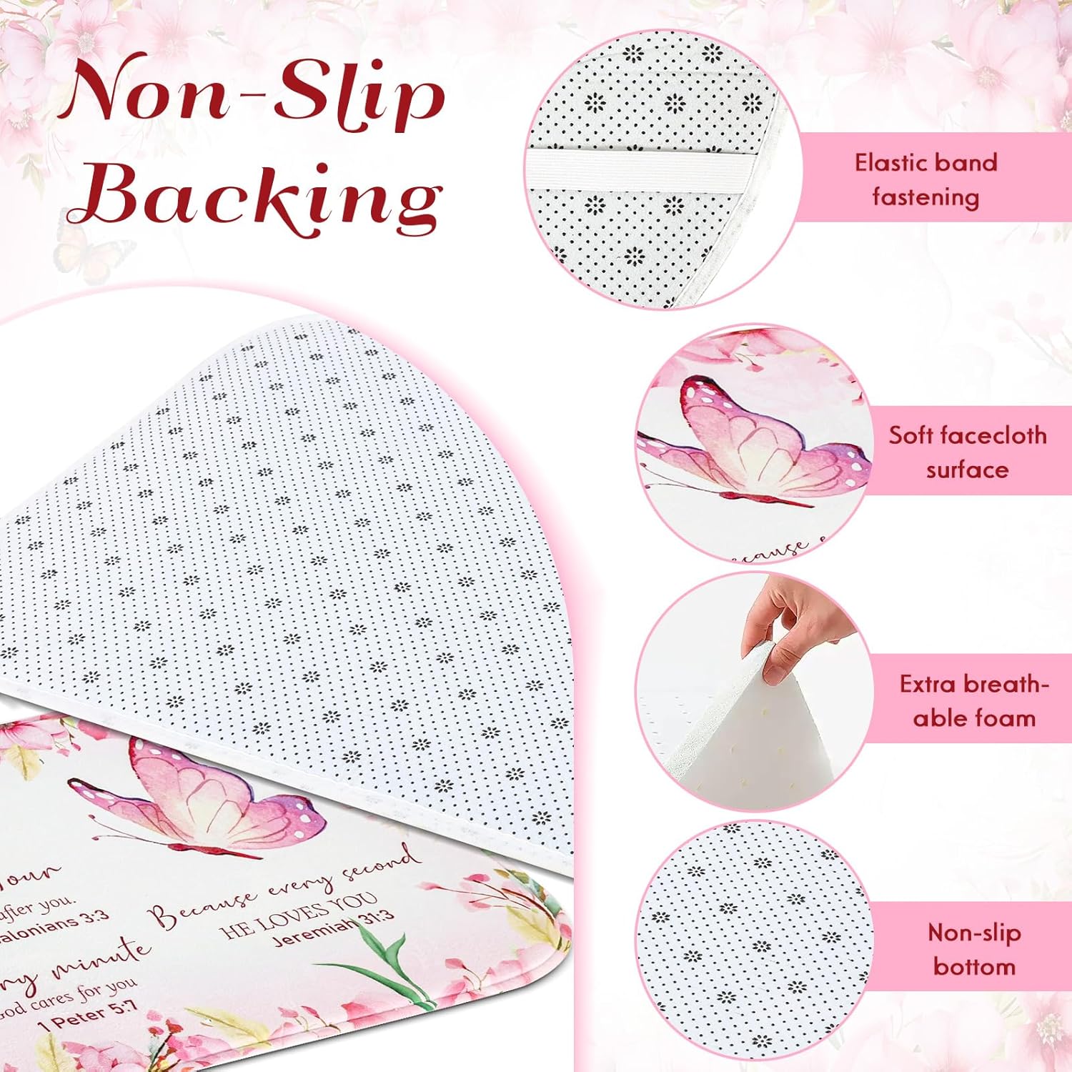 4 Pcs Pink Butterfly Inspirational Quotes Shower Curtain Set with Rugs and Toilet Lid Cover, Christian Cross Bathroom Set Encouraging Bible Verses Floral Bathroom Decor Set Accessories