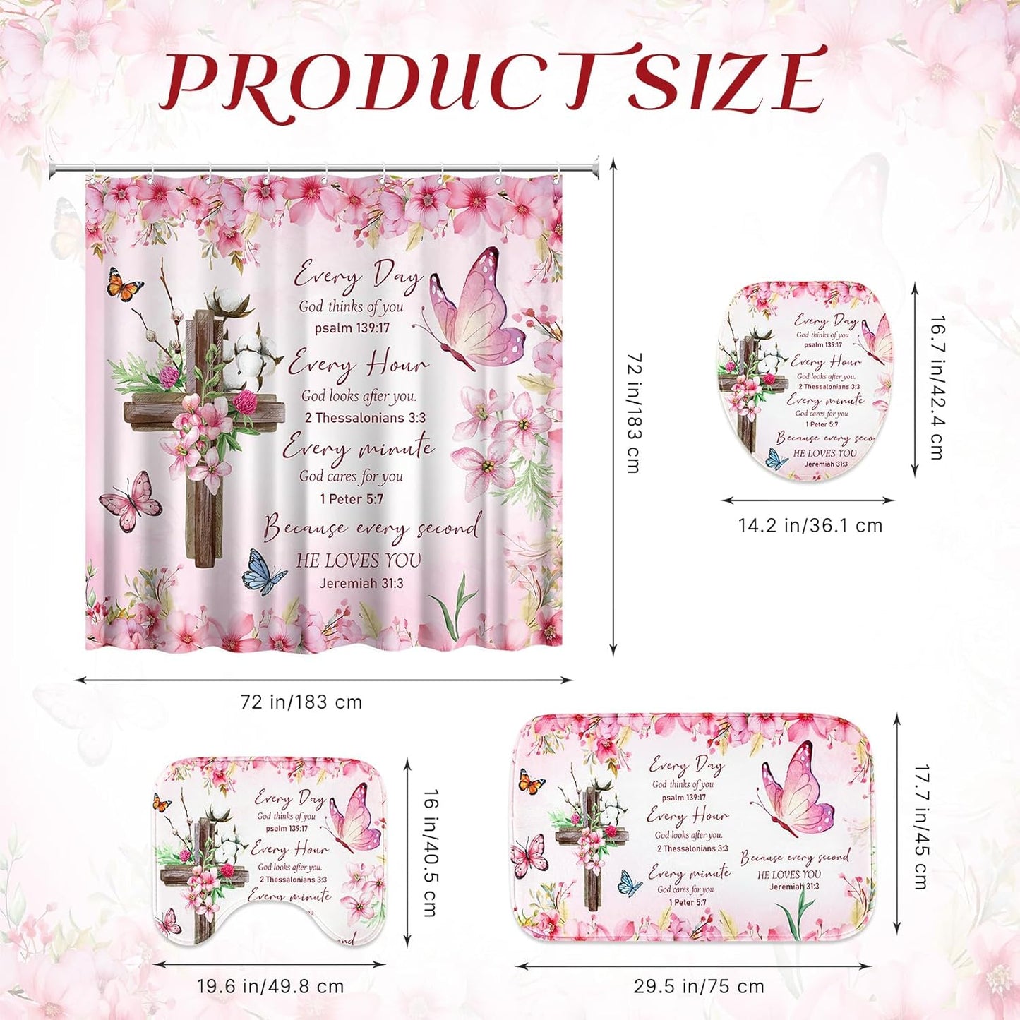 4 Pcs Pink Butterfly Inspirational Quotes Shower Curtain Set with Rugs and Toilet Lid Cover, Christian Cross Bathroom Set Encouraging Bible Verses Floral Bathroom Decor Set Accessories