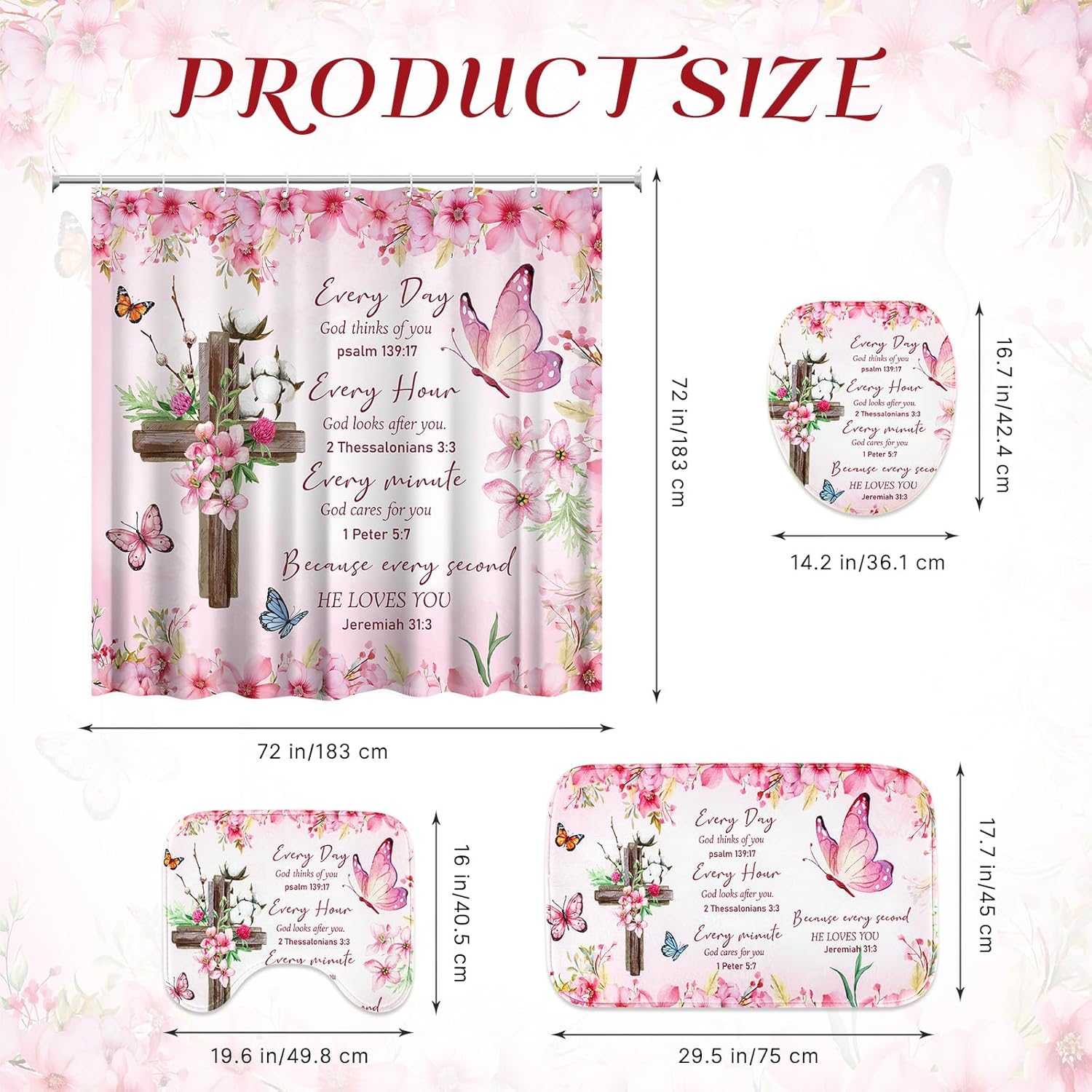 4 Pcs Pink Butterfly Inspirational Quotes Shower Curtain Set with Rugs and Toilet Lid Cover, Christian Cross Bathroom Set Encouraging Bible Verses Floral Bathroom Decor Set Accessories