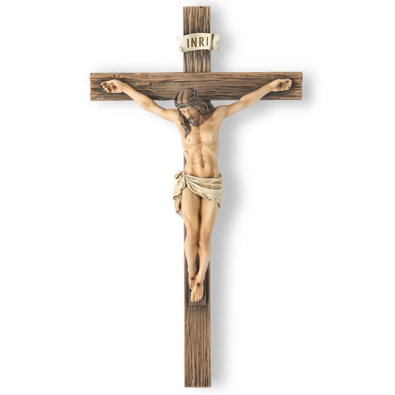 Jesus Christ Inspirational Wall Cross — Traditional Design — Natural Wood Grain Texture — Resin & Stone Wall-Mounted Cross
