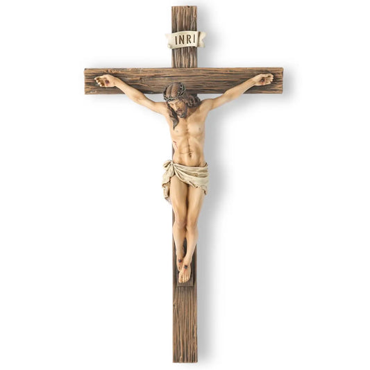 Jesus Christ Inspirational Wall Cross — Traditional Design — Natural Wood Grain Texture — Resin & Stone Wall-Mounted Cross