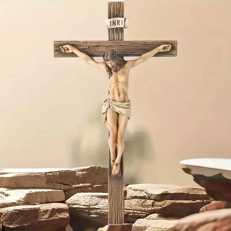 Jesus Christ Inspirational Wall Cross — Traditional Design — Natural Wood Grain Texture — Resin & Stone Wall-Mounted Cross
