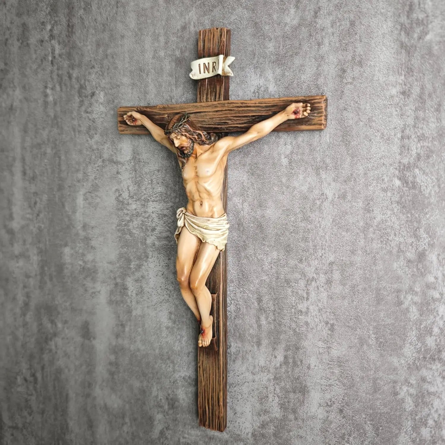 Jesus Christ Inspirational Wall Cross — Traditional Design — Natural Wood Grain Texture — Resin & Stone Wall-Mounted Cross