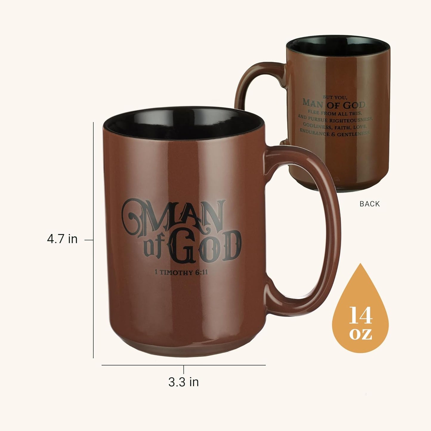 Brown Ceramic Coffee Mug – 14 Oz. Microwave and Dishwasher-Safe Inspirational Scripture Coffee and Tea Mug for Men, Dads, and Pastors with Bible Verse: Man of God – 1 Timothy 6:11